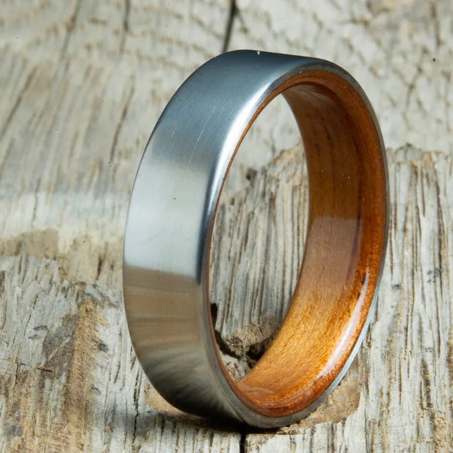 Satin titanium wood lined ring with Hawaiian Koa
