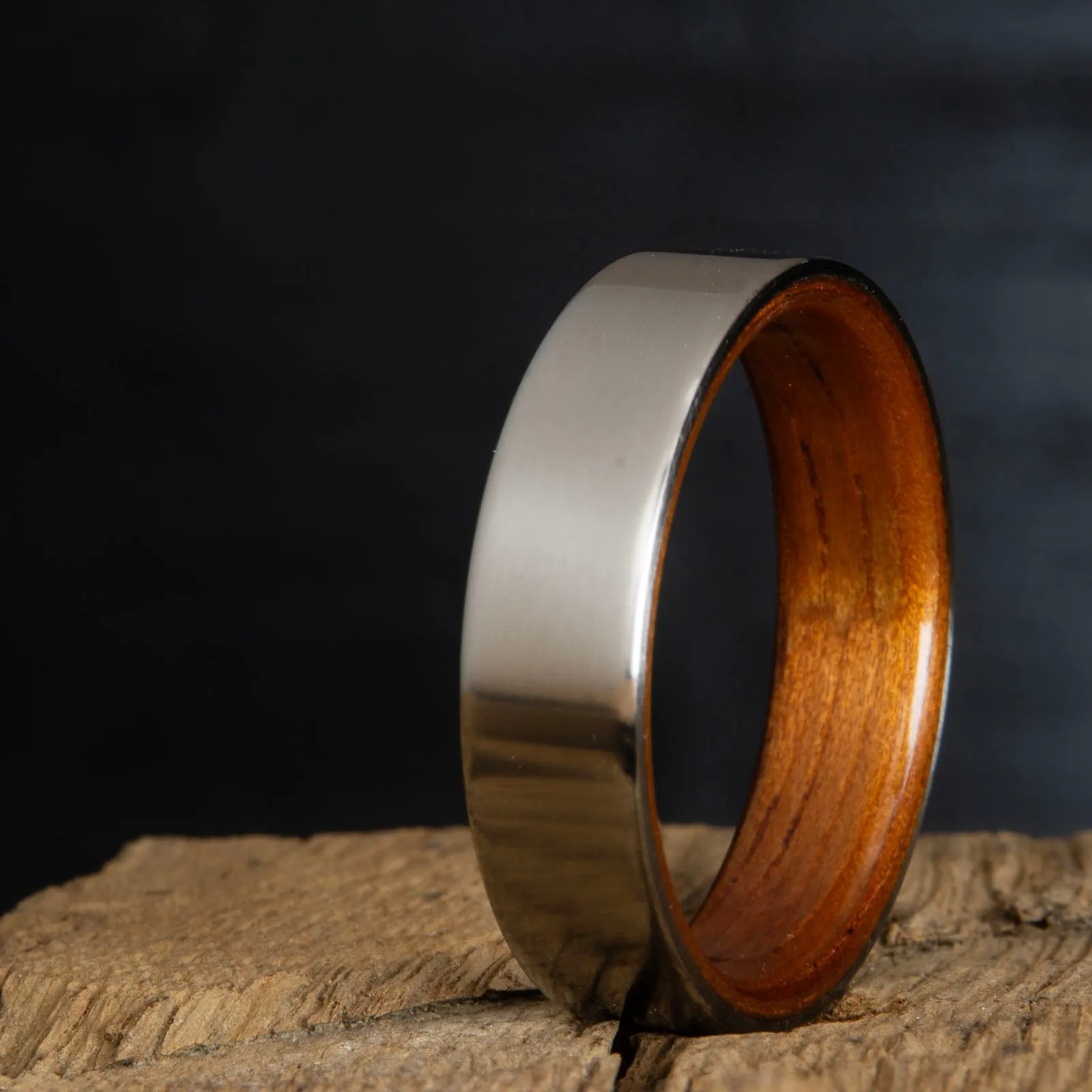 Satin titanium wood lined ring with Hawaiian Koa