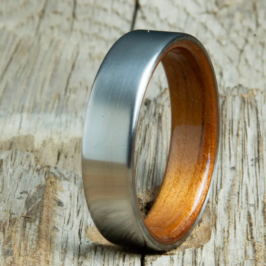 Satin titanium wood lined ring with Hawaiian Koa