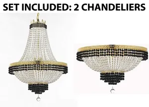 Set of 2-1 French Empire Crystal Chandelier Lighting Trimmed w/Jet Black Crystal! H36" X W30" and 1 Flush French Empire Crystal Chandelier Trimmed with Jet Black Crystal! H18" X W24" - B79/CG/870/14   B79/CG/FLUSH/870/9
