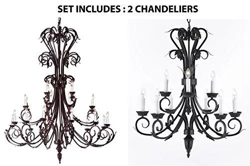 Set Of 2 - 1-Large Foyer / Entryway Wrought Iron Chandelier 50" Inches Tall H50" X W30" And 1-Wrought Iron Chandelier H 30" W 26" 9 Lights - 1Ea-724/24   1Ea-724/6 3
