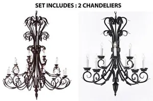 Set Of 2 - 1-Large Foyer / Entryway Wrought Iron Chandelier 50" Inches Tall H50" X W30" And 1-Wrought Iron Chandelier H 30" W 26" 9 Lights - 1Ea-724/24   1Ea-724/6 3
