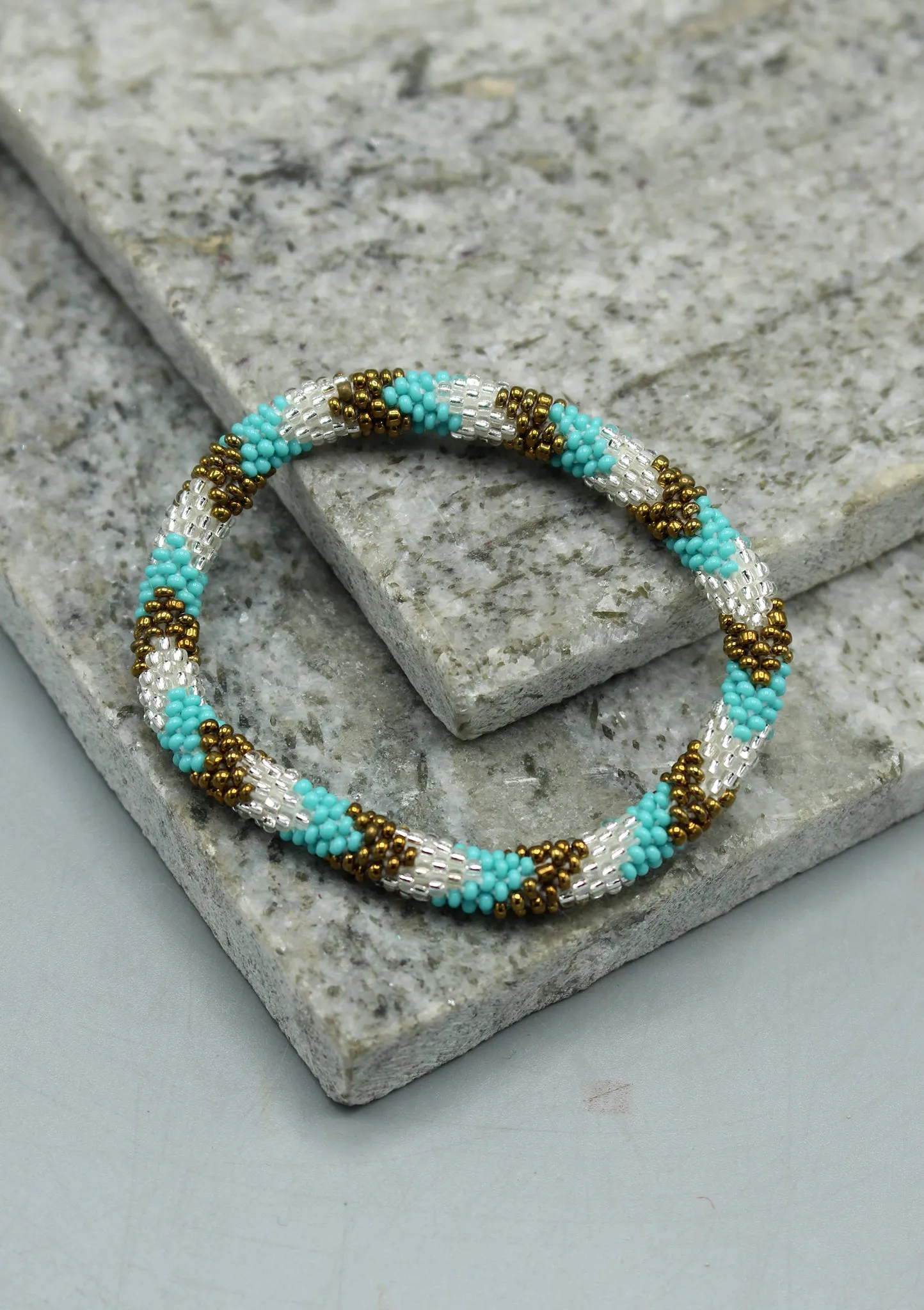 Shiny White, Gold & Mixed Beads Nepalese Roll on Bracelet