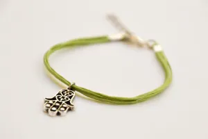 Silver Hamsa bracelet for women, light green cord, gift for her