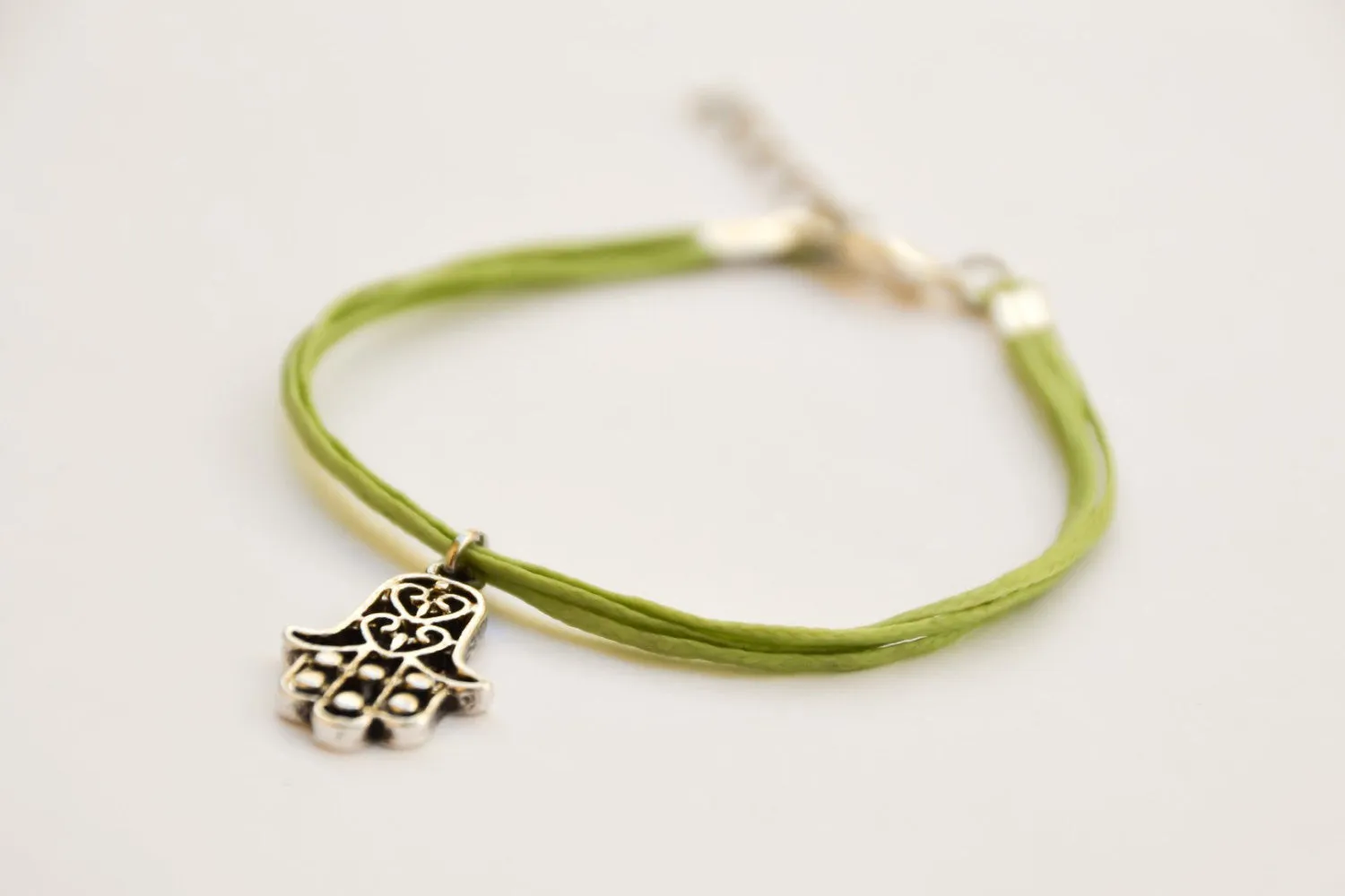 Silver Hamsa bracelet for women, light green cord, gift for her