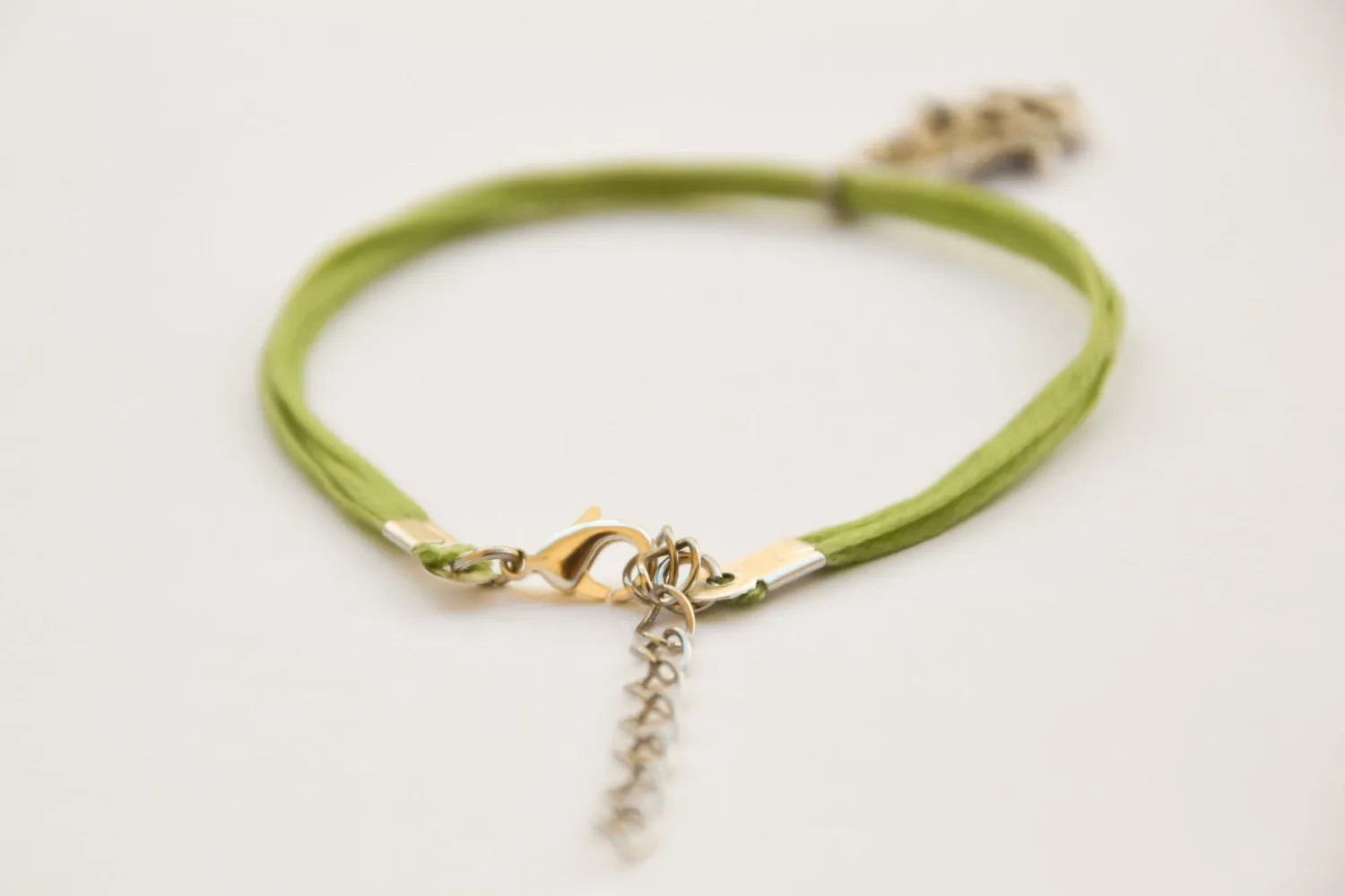 Silver Hamsa bracelet for women, light green cord, gift for her