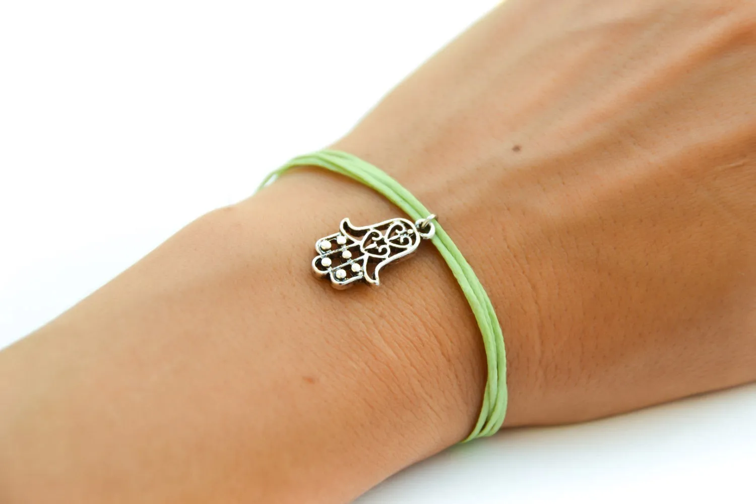 Silver Hamsa bracelet for women, light green cord, gift for her