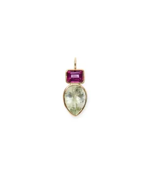 Stacked Teardrop 14k Gold Necklace Charm in Pink Topaz & Green Amethyst