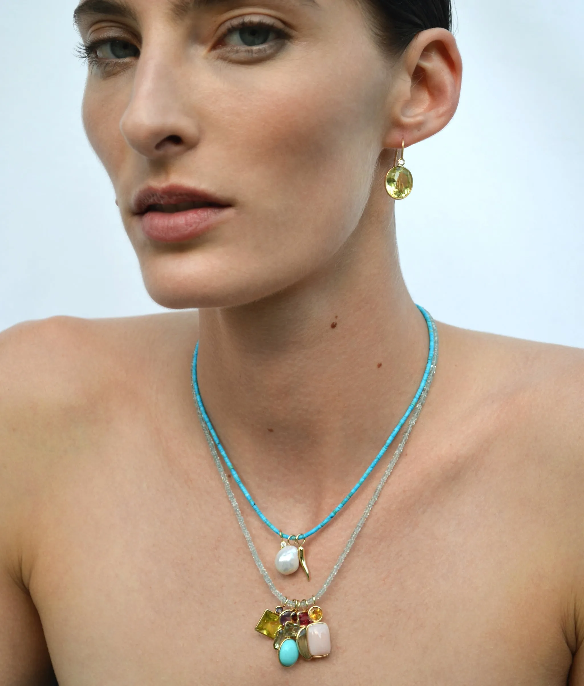 Stacked Teardrop 14k Gold Necklace Charm in Pink Topaz & Green Amethyst