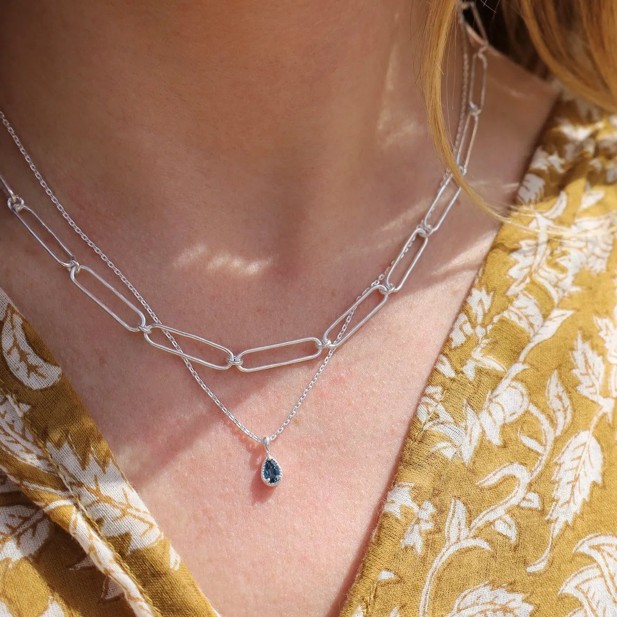 Sterling Silver Pear Cut London Blue Topaz with Milgrain Edge Necklace