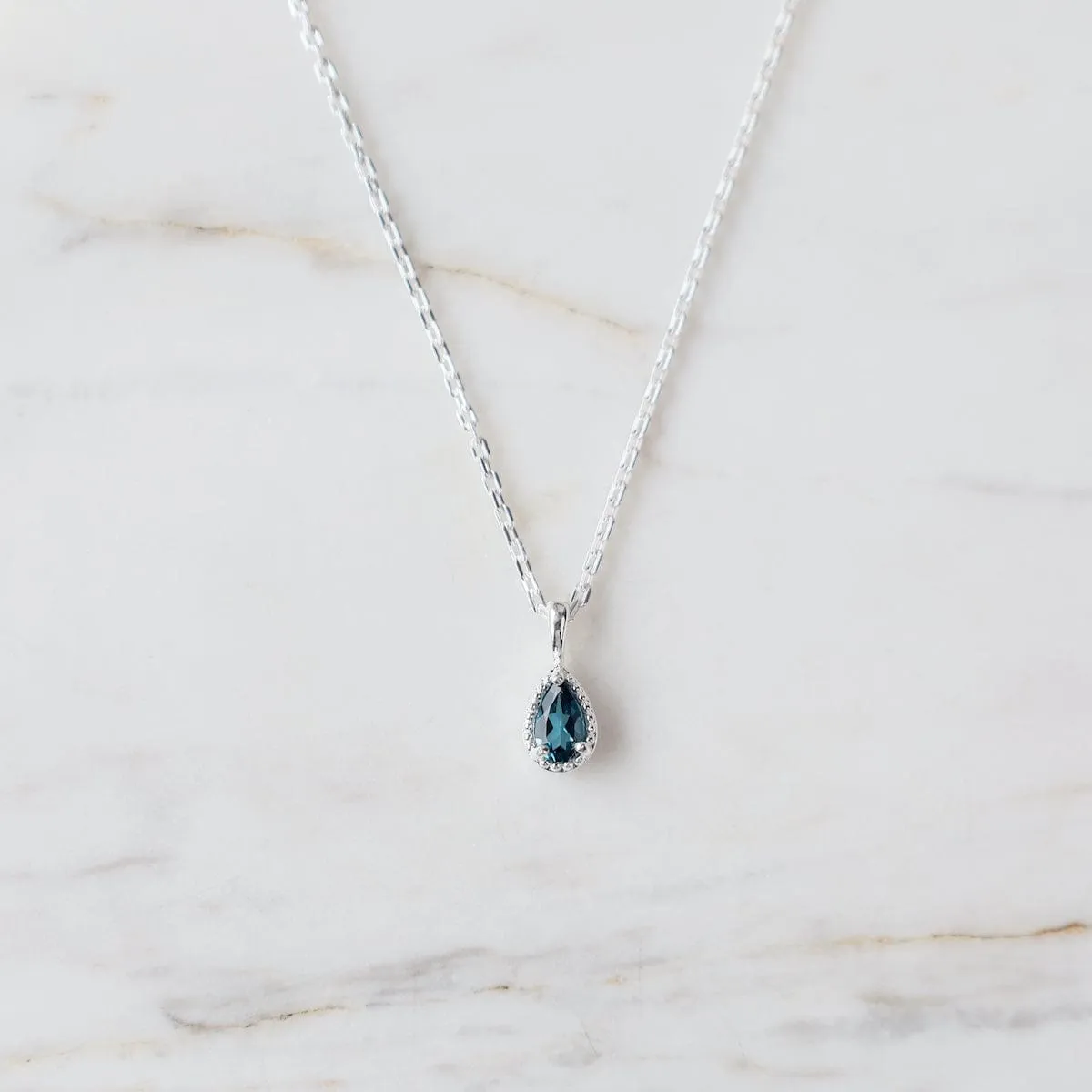 Sterling Silver Pear Cut London Blue Topaz with Milgrain Edge Necklace