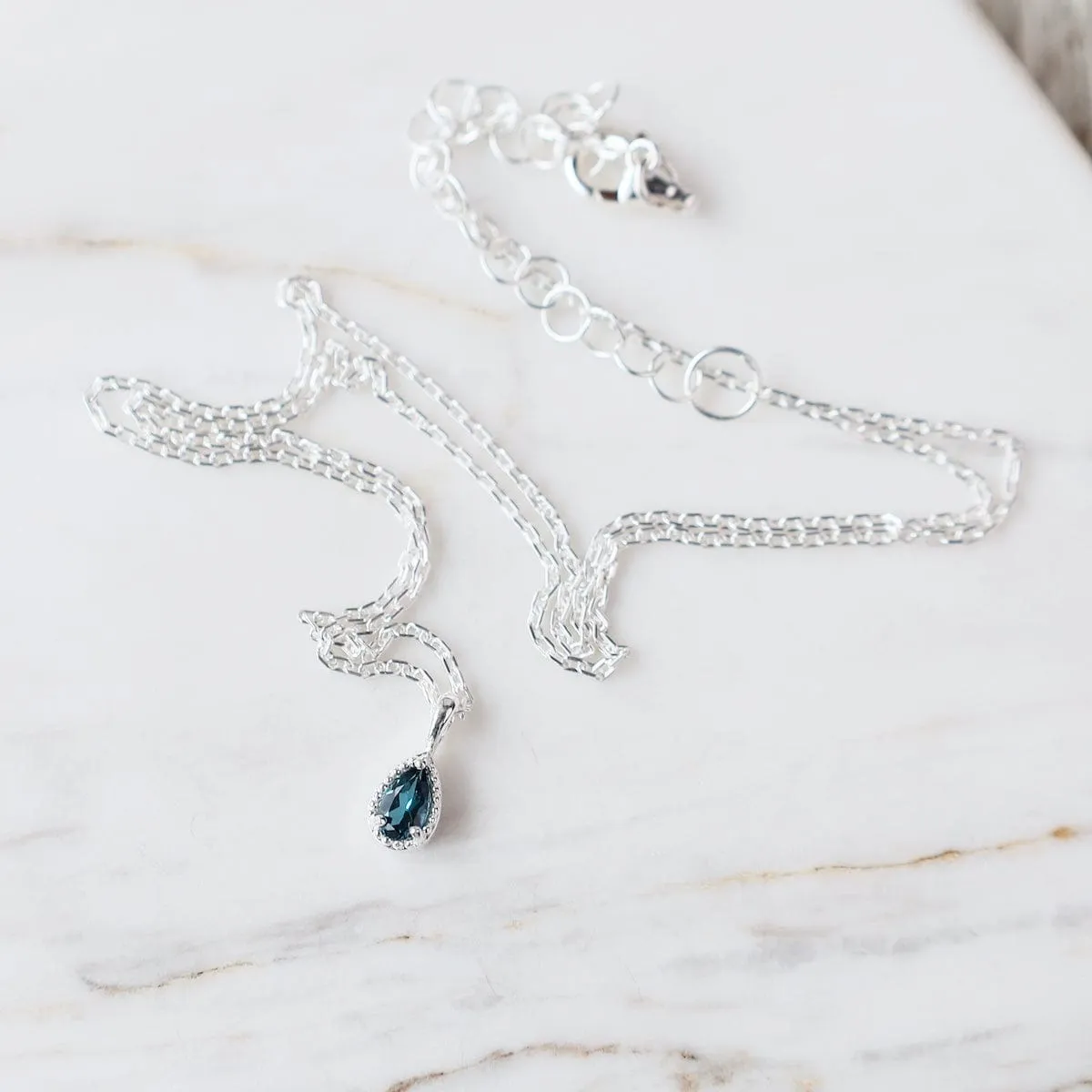 Sterling Silver Pear Cut London Blue Topaz with Milgrain Edge Necklace