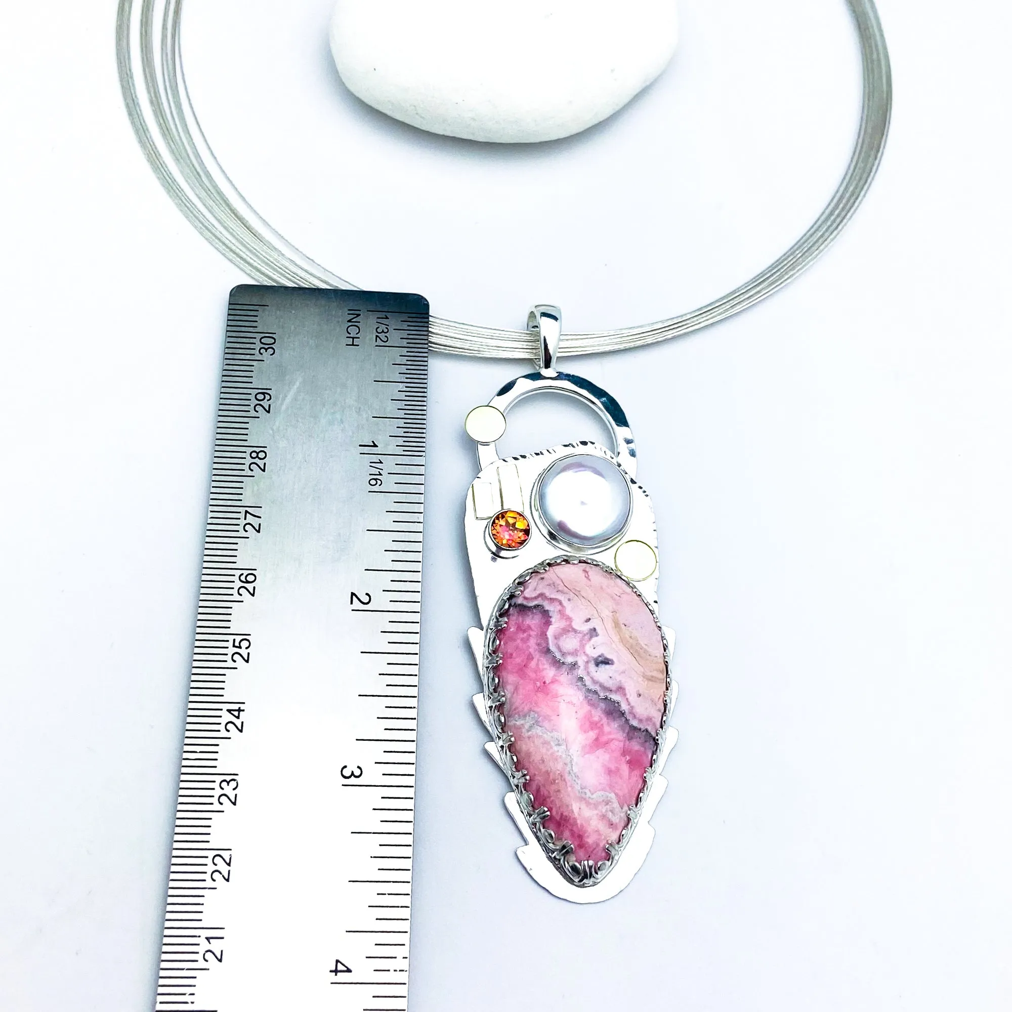 Sterling Silver Rhodochrosite Statement Necklace with 18K Gold, Anastasia Topaz and Pearl