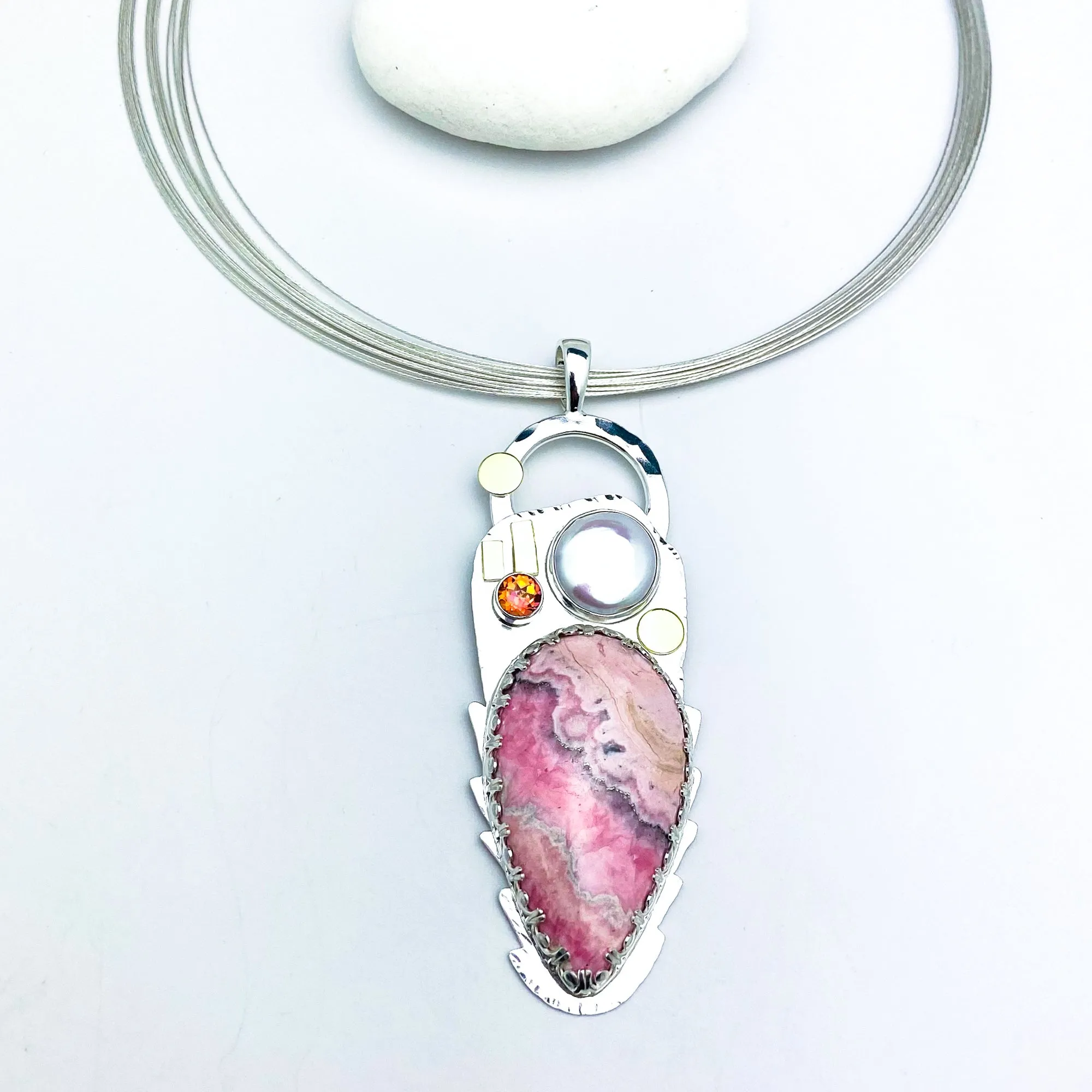 Sterling Silver Rhodochrosite Statement Necklace with 18K Gold, Anastasia Topaz and Pearl
