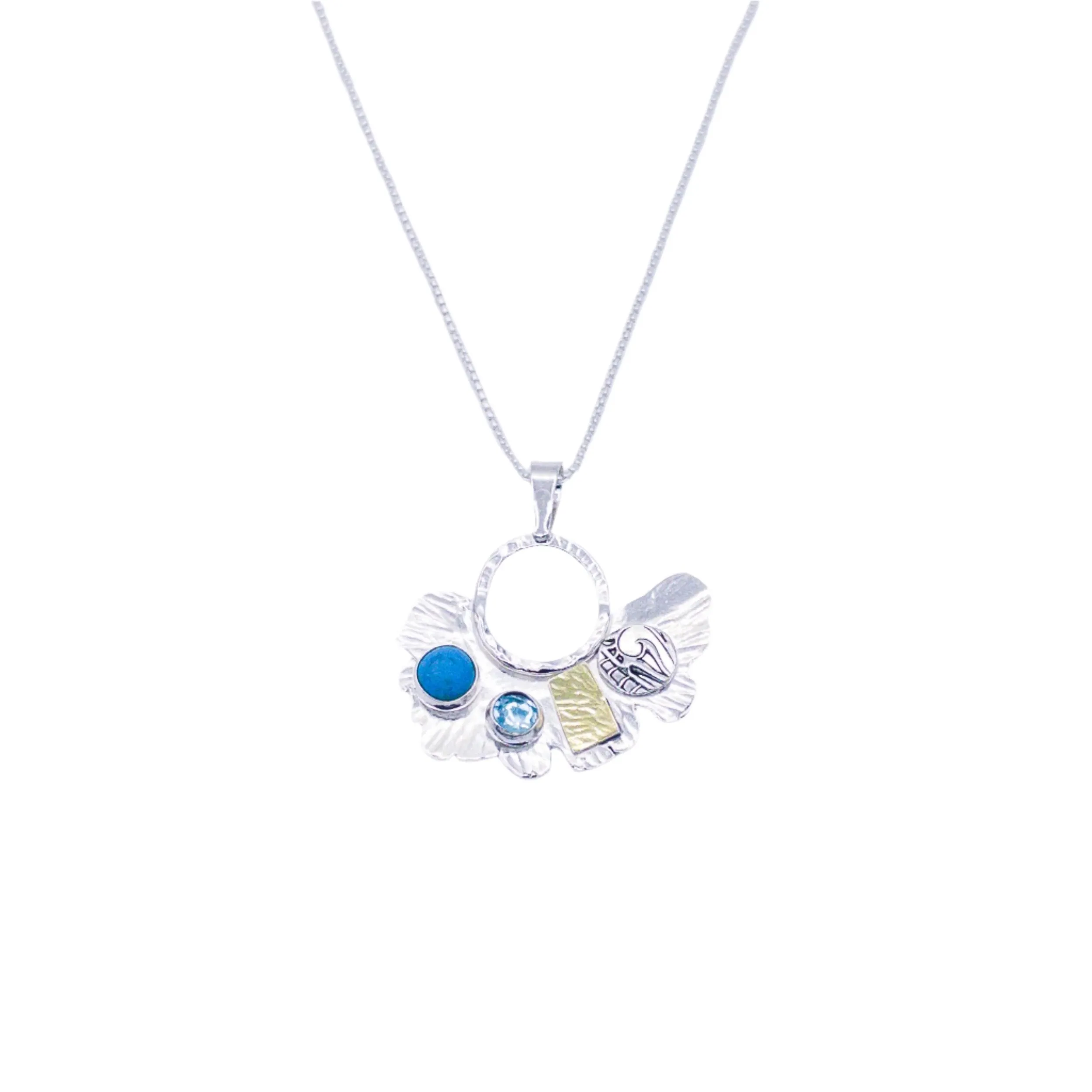 Sterling Silver Turquoise and Blue Topaz Ginkgo Necklace