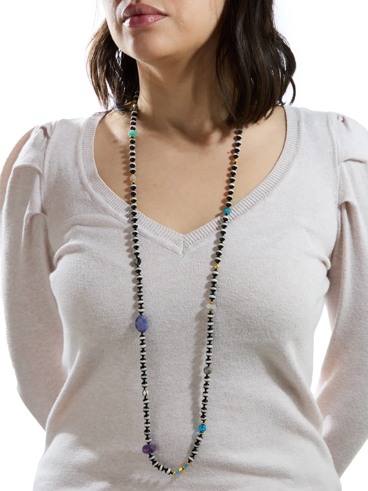 Striped Black Agate & Multi-Color Stone Extra Long Beaded Necklace