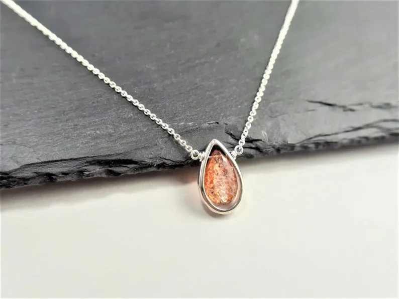 Sunstone Pear Briolette Pendant Necklace