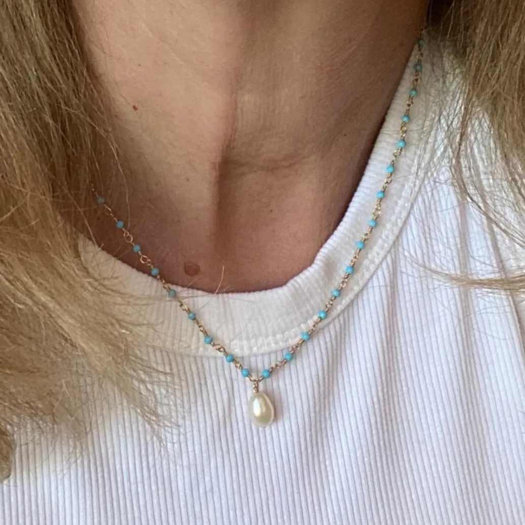 Turquoise Necklace with Pearl Drop