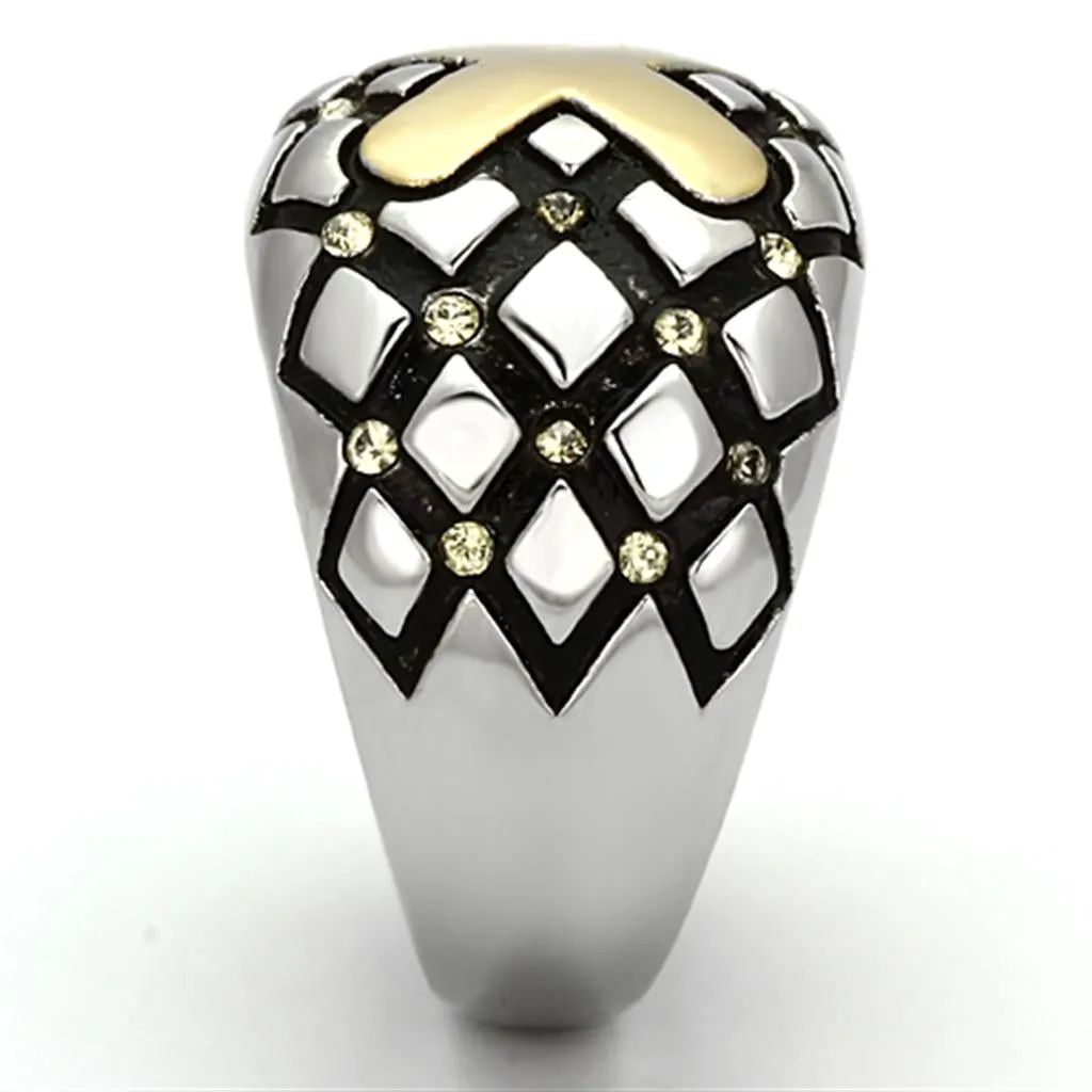 Two-Tone IP Gold (Ion Plating) Stainless Steel Ring with Top Grade Crystal in Citrine Yellow for Women Style TK1131