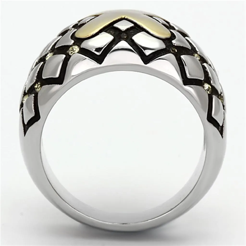 Two-Tone IP Gold (Ion Plating) Stainless Steel Ring with Top Grade Crystal in Citrine Yellow for Women Style TK1131