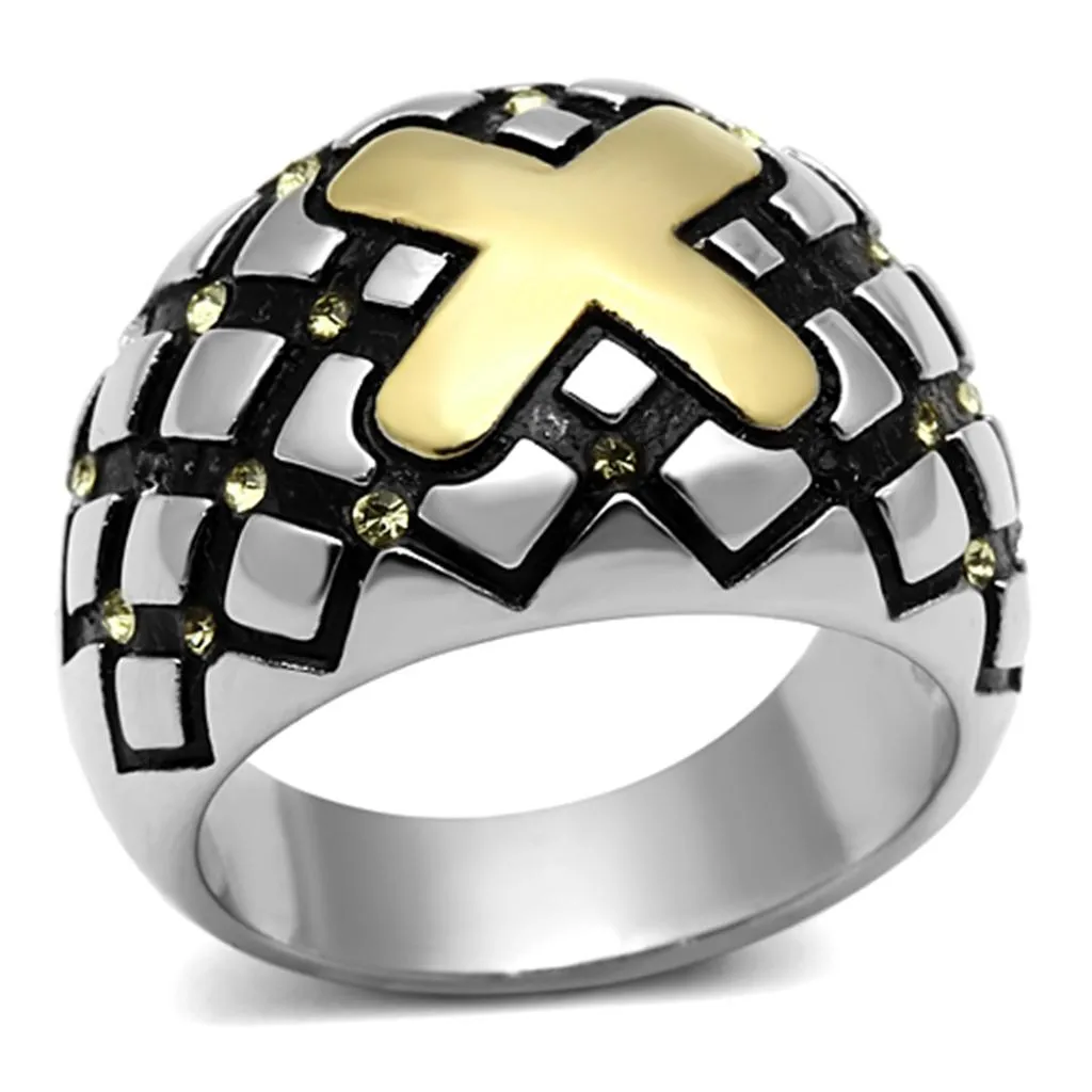 Two-Tone IP Gold (Ion Plating) Stainless Steel Ring with Top Grade Crystal in Citrine Yellow for Women Style TK1131