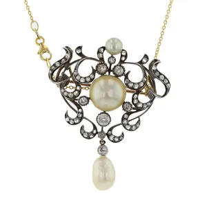 Victorian Pearl and Diamond Brooch Pendant Necklace