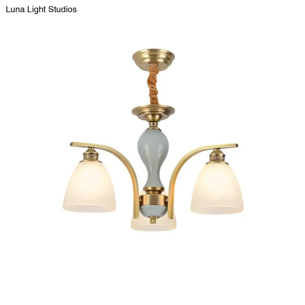 Vintage-style Brass-Blue Ceramic Deco Chandelier with Frosted Glass - Elegant Hanging Light