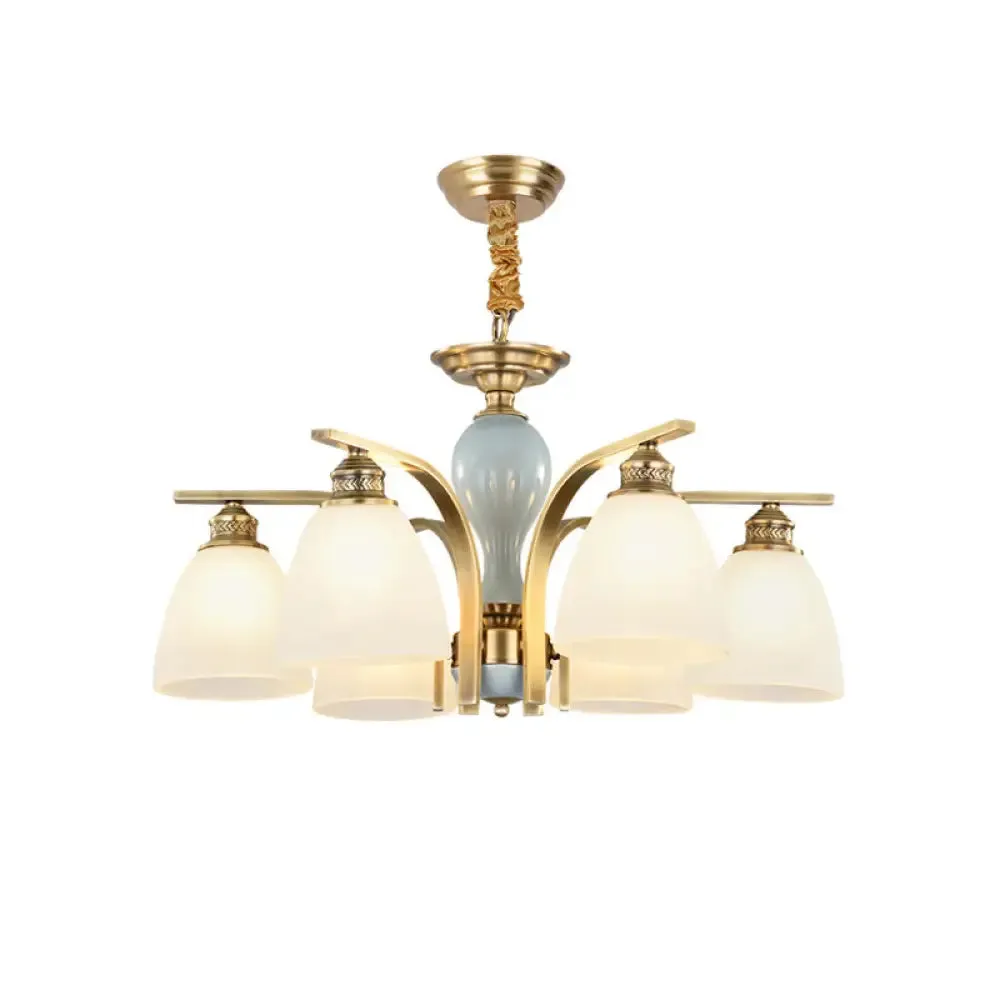 Vintage-style Brass-Blue Ceramic Deco Chandelier with Frosted Glass - Elegant Hanging Light