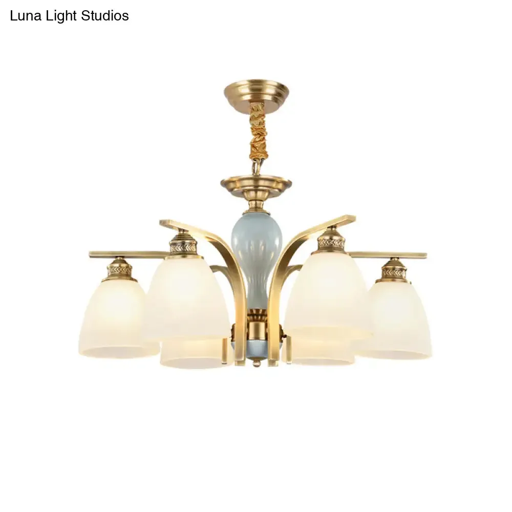 Vintage-style Brass-Blue Ceramic Deco Chandelier with Frosted Glass - Elegant Hanging Light