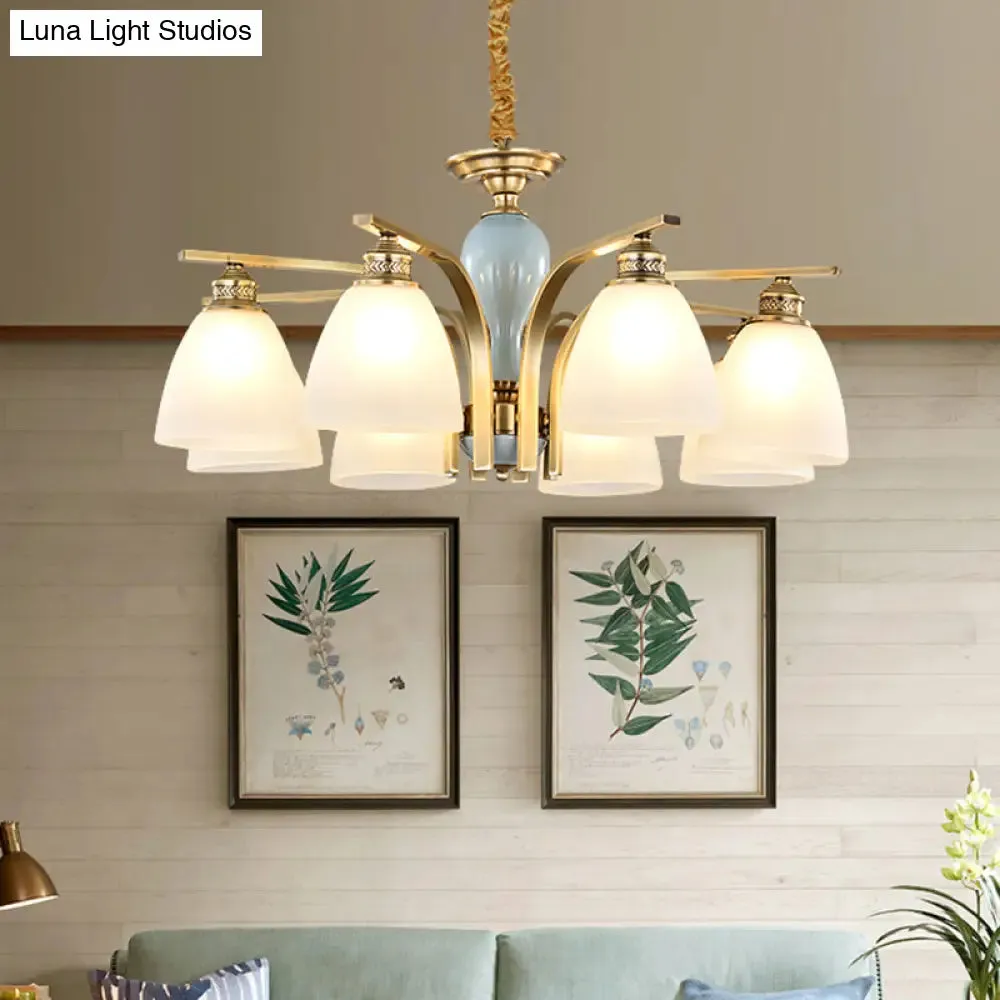 Vintage-style Brass-Blue Ceramic Deco Chandelier with Frosted Glass - Elegant Hanging Light