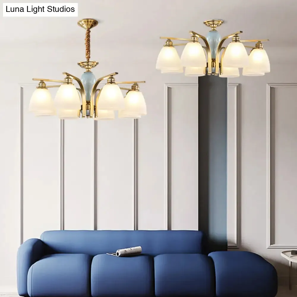 Vintage-style Brass-Blue Ceramic Deco Chandelier with Frosted Glass - Elegant Hanging Light