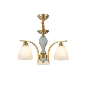 Vintage-style Brass-Blue Ceramic Deco Chandelier with Frosted Glass - Elegant Hanging Light