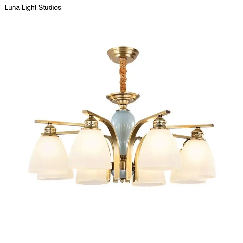 Vintage-style Brass-Blue Ceramic Deco Chandelier with Frosted Glass - Elegant Hanging Light