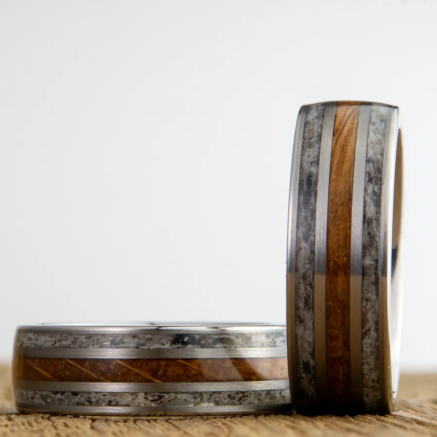Whiskey and Antlers wedding band pair