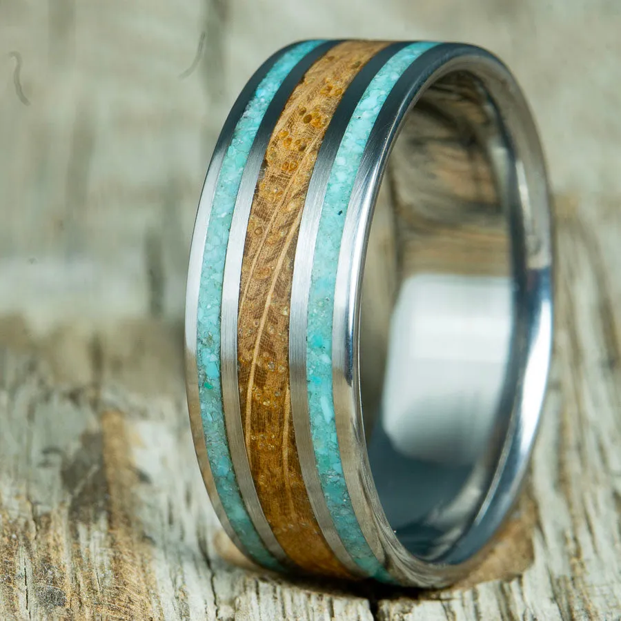Whiskey and Turquoise- men's titanium and whiskey barrel ring