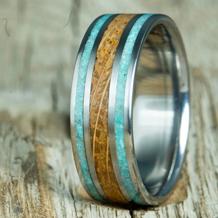 Whiskey and Turquoise- men's titanium and whiskey barrel ring