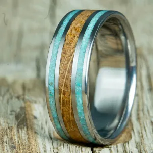 Whiskey and Turquoise- men's titanium and whiskey barrel ring
