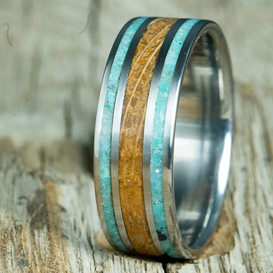Whiskey and Turquoise- men's titanium and whiskey barrel ring