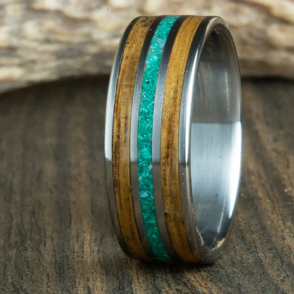 Whiskey barrel and malachite ring for men